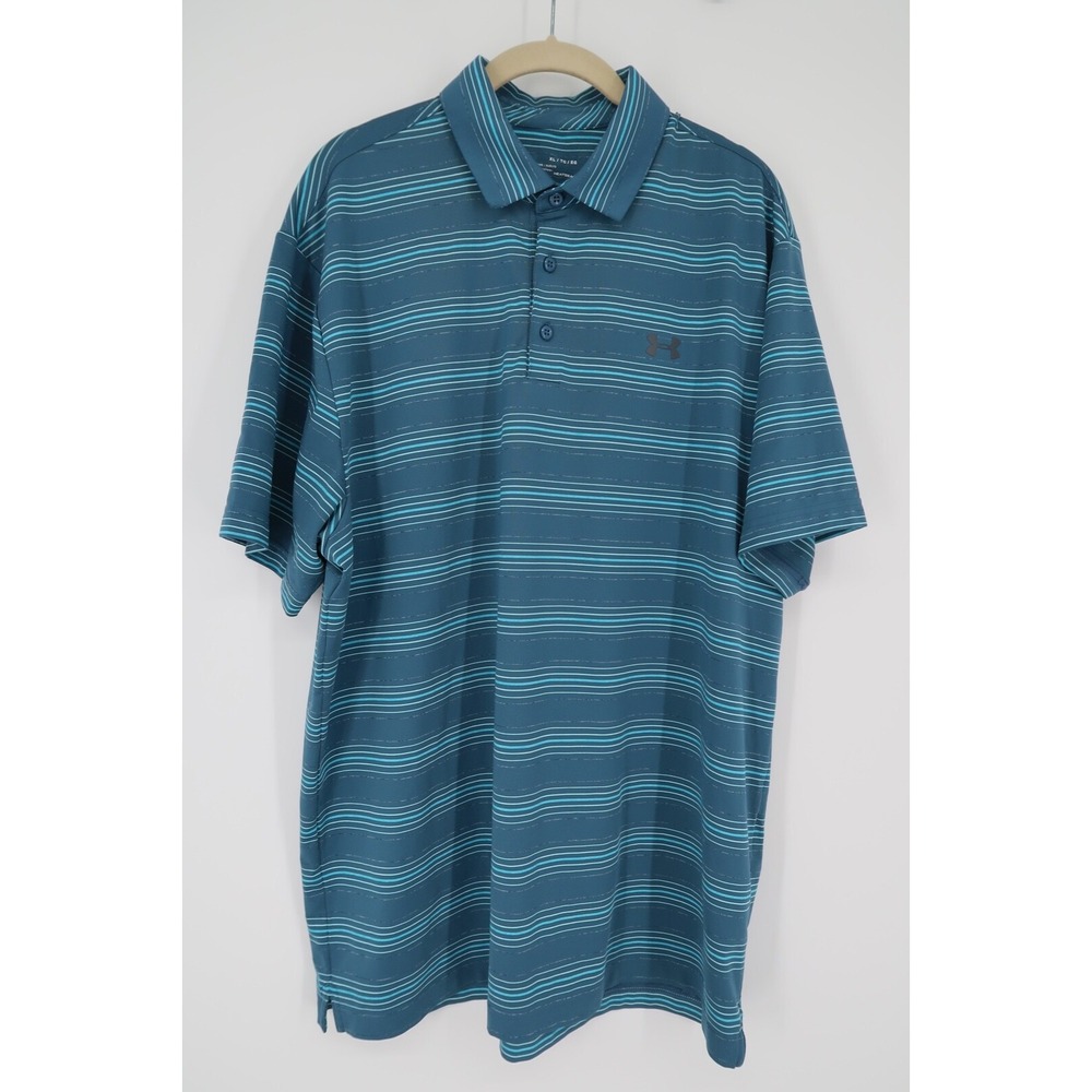 Under Armour Mens XL Blue Striped Golf Performance Loose Heatgear Polo Shirt